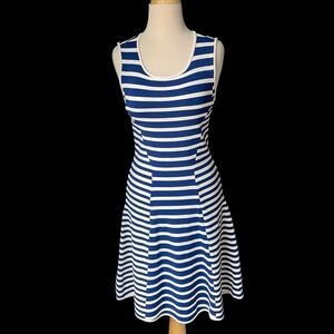 Pink Tartan Knit Fit & Flare Blue White Stripe Dress Sz XS